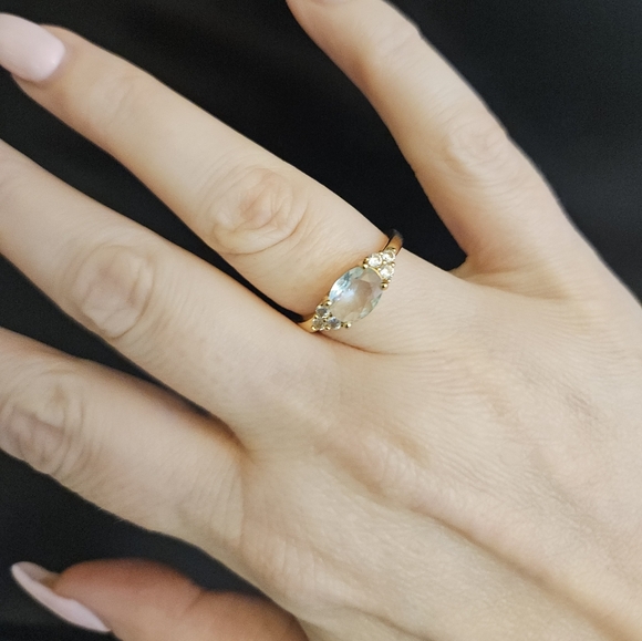 New Gold Plated Aquamarine & Cubic Zirconia Ring - Picture 2 of 3